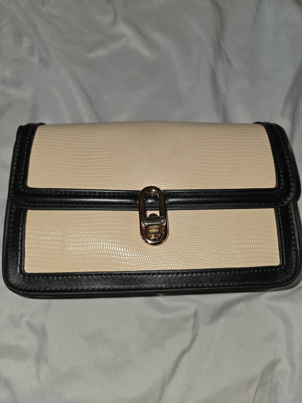 Beige and Black Vegan Leather Shoulder Bag with Gold Hardware